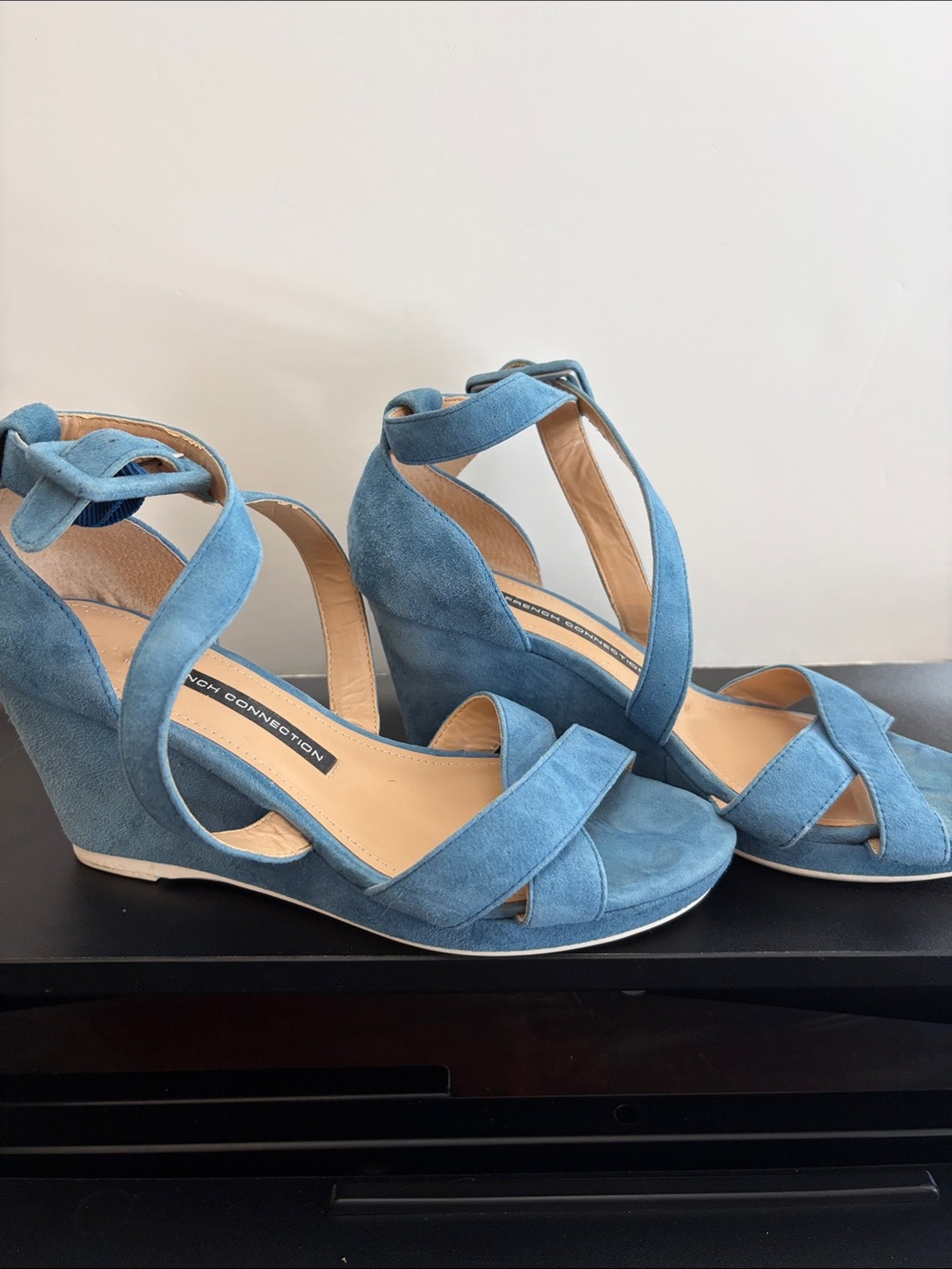 French Connection Sky Blue Suede Crisscross Wedge Sandals with Ankle Wrap
